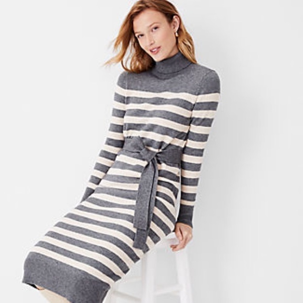 Women’s Ann Taylor Sweater dress with tie turtleneck gray white size Petite M - Picture 1 of 5